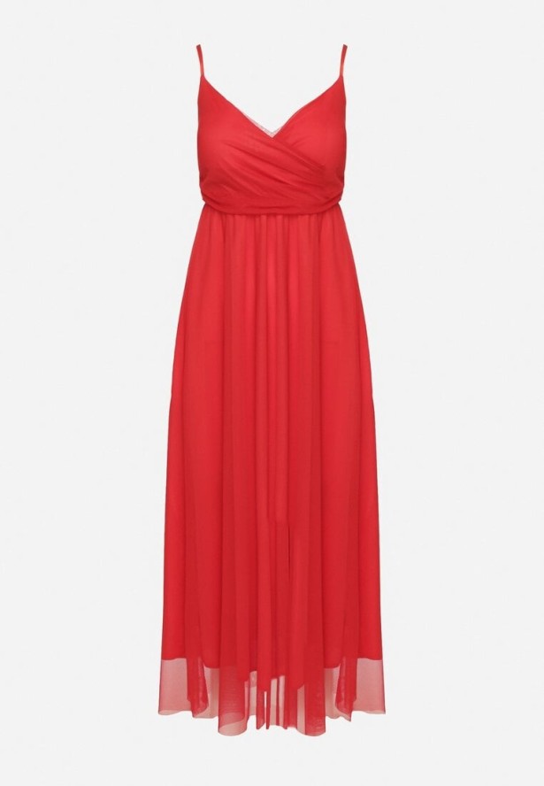 Czerwona Sukienka Koktajlowa z Tiulową Siateczką Devinae