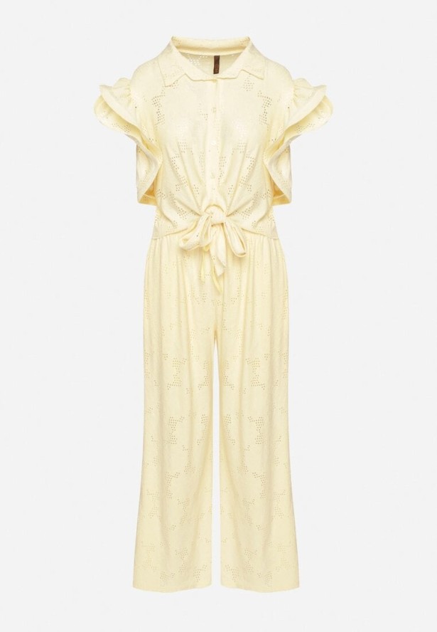 Żółty Ażurowy Komplet Koszulowa Bluzka z Wiązaniem i Szerokie Spodnie Linarisa