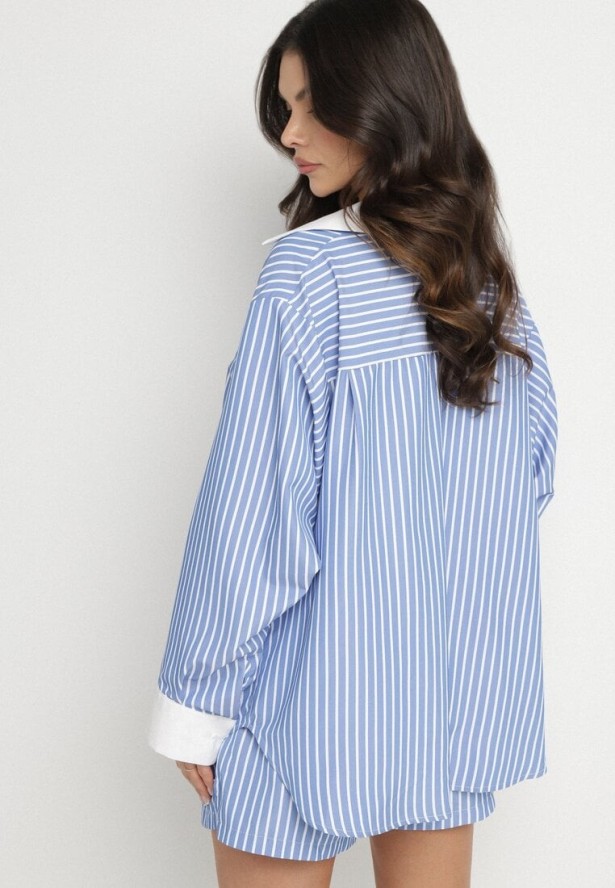 Niebieska Koszula w Paski z Kontrastowymi Mankietami i Kołnierzykiem Zarona