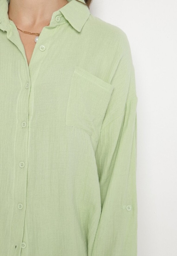 Jasnozielony Bawełniany Komplet Koszula z Regulowanymi Rękawami i Szorty Eleadelle