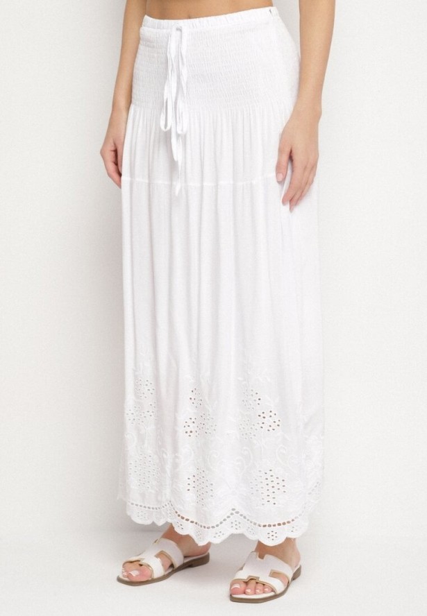 Biała Spódnica Bawełniana Rozkloszowana z Ażurowym Dołem Divilua
