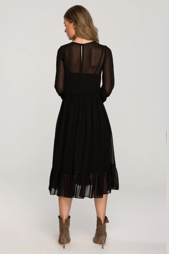 Sukienka wieczorowa szyfonowa rozkloszowana z falbaną czarna