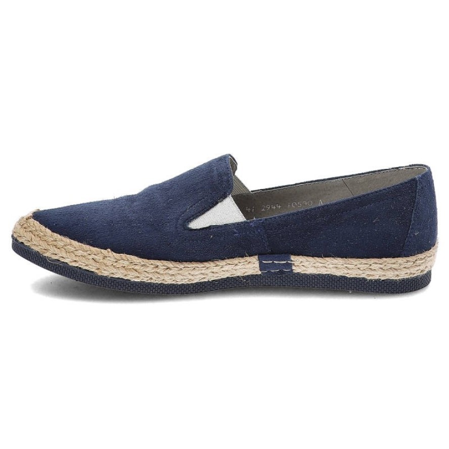 Espadryle damskie Maciejka, skóra zamszowa z gumkami i płaską podeszwą, granatowe, 02944A-17-00-5