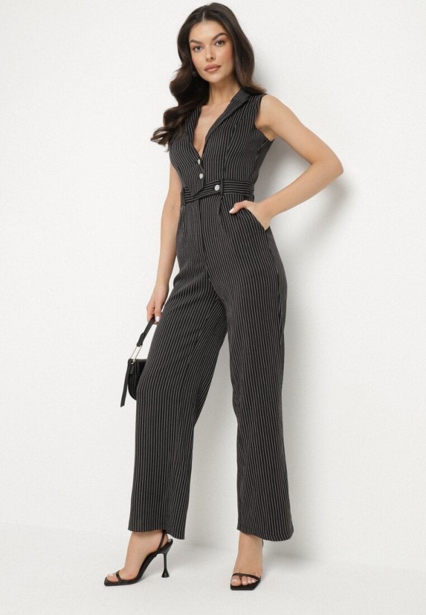 Czarny Kombinezon w Garniturowym Stylu w Drobne Paski Sarisse