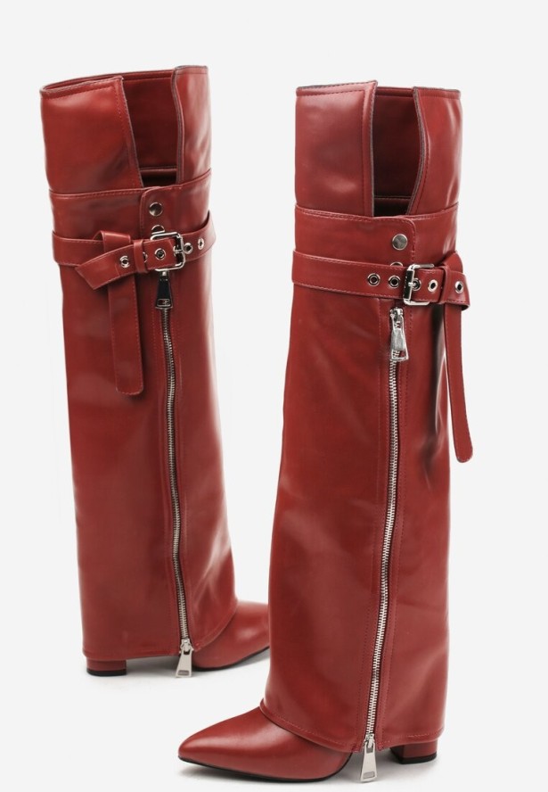 Bordowe Kozaki Kowbojki na Słupku Ozdobione Suwakiem Klamrą i Wywiniętą Cholewką Kelvila