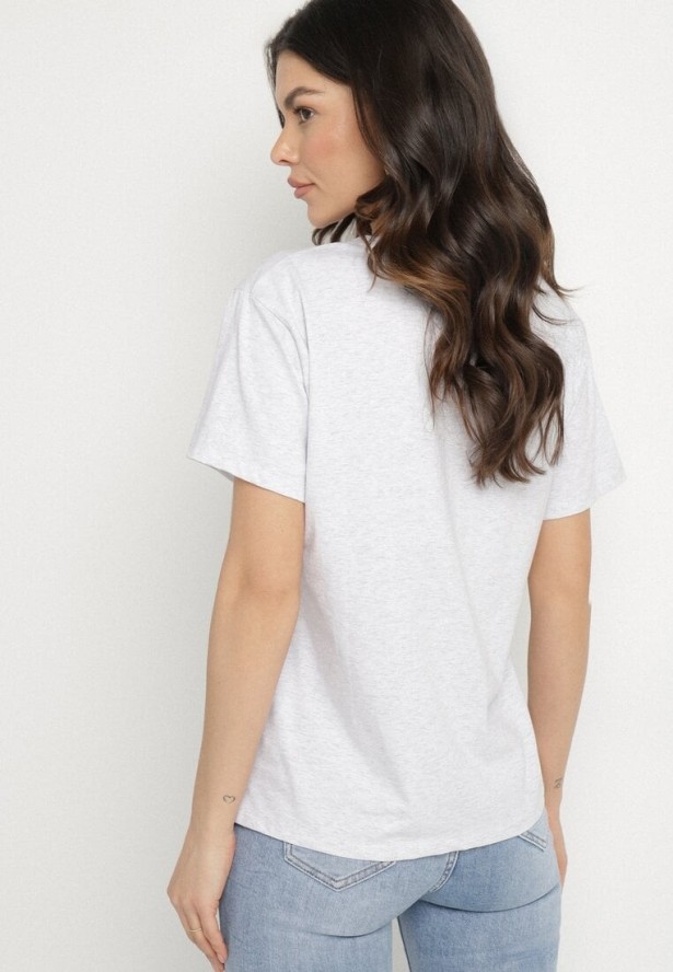 Jasnoszary T-shirt z Bawełny z Ozdobnym Napisem i Nadrukiem Olinella