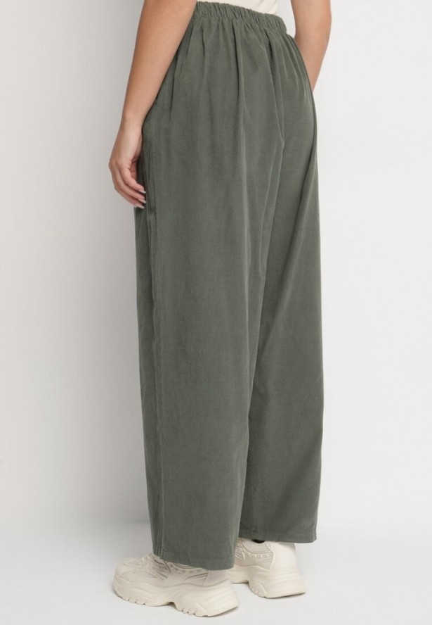 Ciemnozielone Szerokie Spodnie z Bawełny z Wysokim Stanem Florili