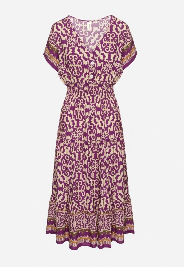 Ciemnofioletowa Bawełniana Sukienka z Gumką w Talii i Guzikami Natiflione