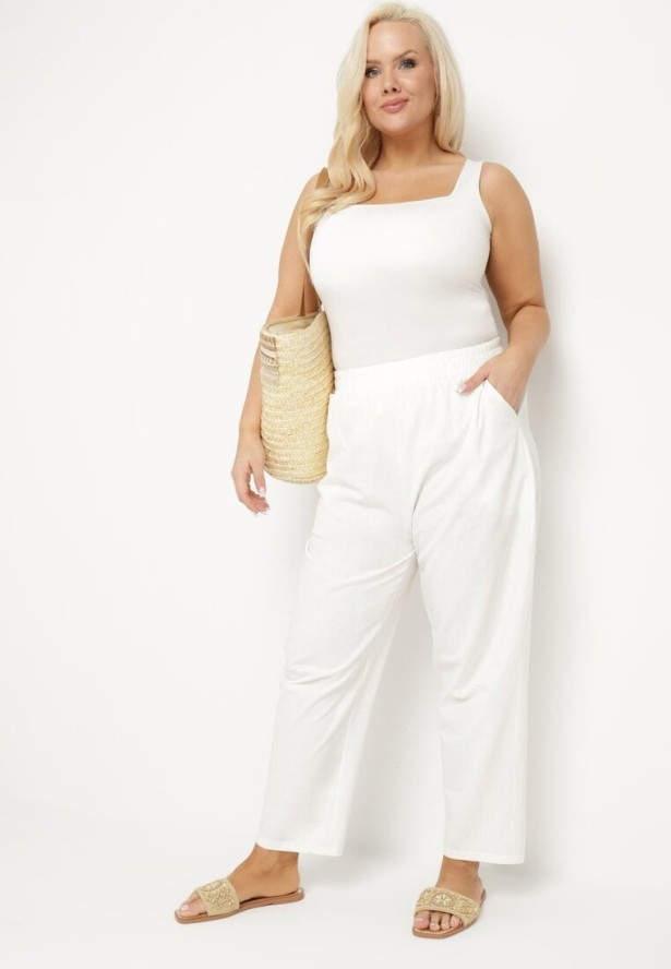 Białe Klasyczne Spodnie Bawełniane z Gumką w Pasie Olozi