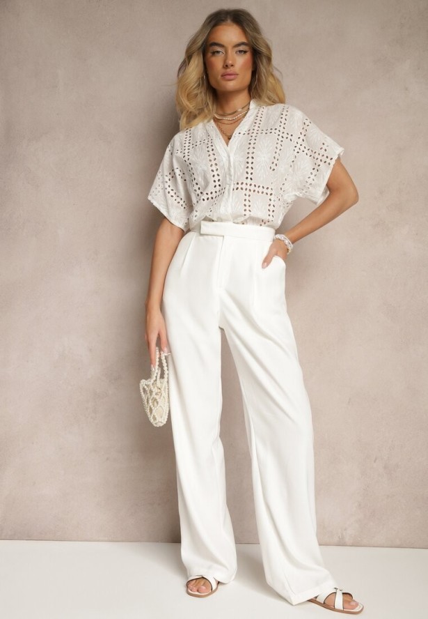 Biała Koszula z Bawełny z Ażurowym Wzorem Telannia