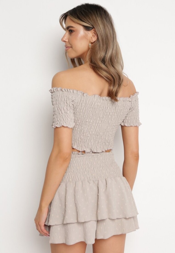 Beżowy Komplet Top w Stylu Hiszpanki i Spódnico-Szorty z Gumką Quillatta