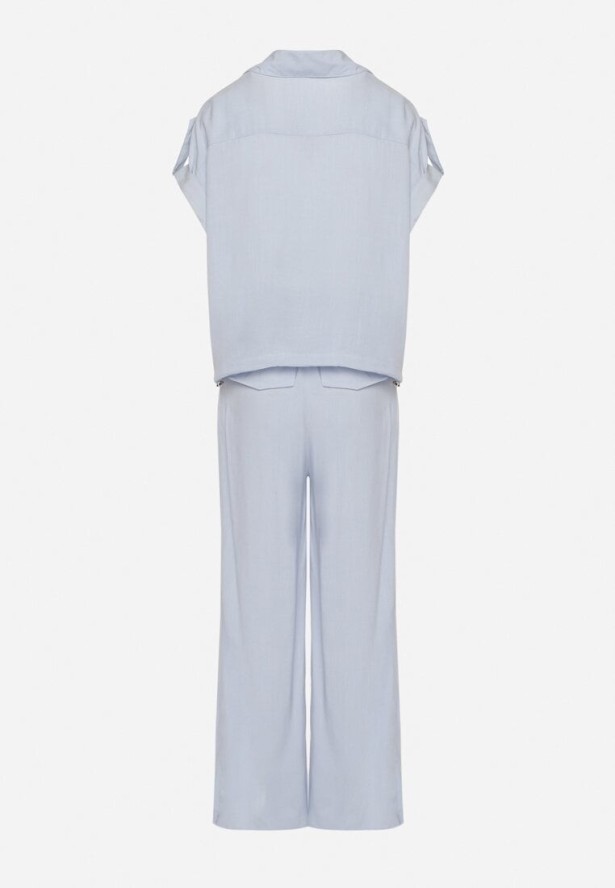 Niebieski Wiskozowy Komplet Koszula z Ozdobnymi Kieszeniami i Spodnie Rinesella