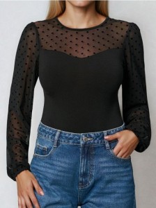 Body w kropki z bufiastymi rękawami - czarny