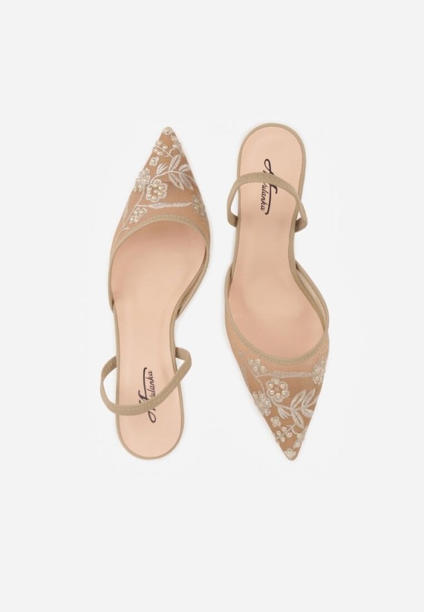 Ciemnobeżowe Sandały na Szpilce z Koronką Caskstar