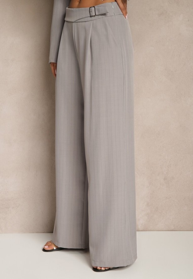 Szare Szerokie Spodnie Garniturowe z Wiskozą Ozdobione Paskiem Ellilara