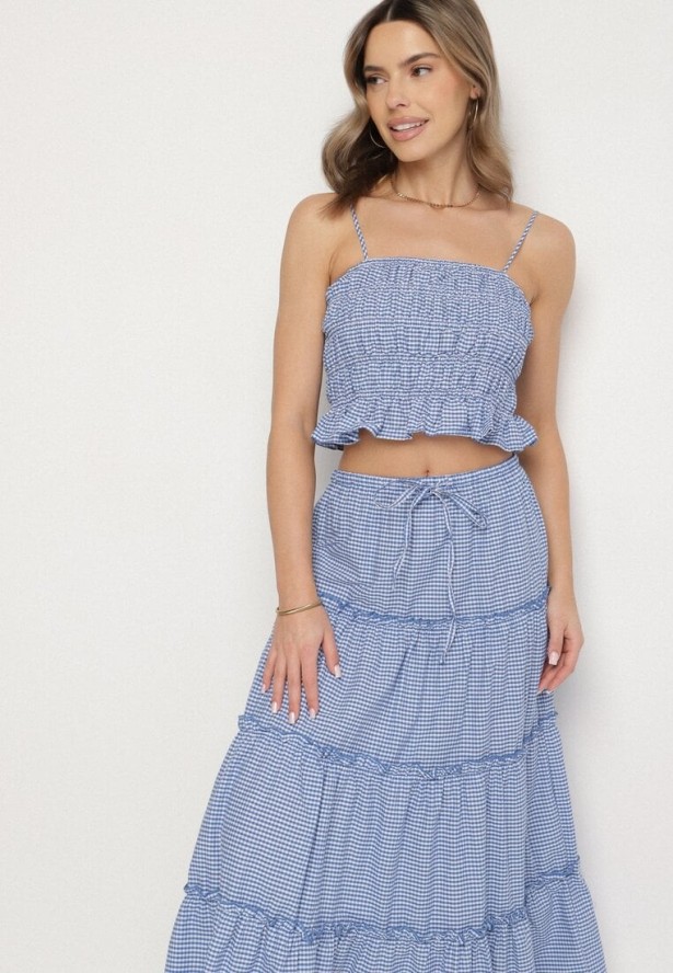 Niebieski Bawełniany Komplet w Kratkę Vichy Spódnica i Top Frolira