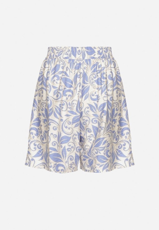 Niebieskie Wiskozowe Szorty z Wysokim Stanem Zdobione Kwiatowym Wzorem Dannalen