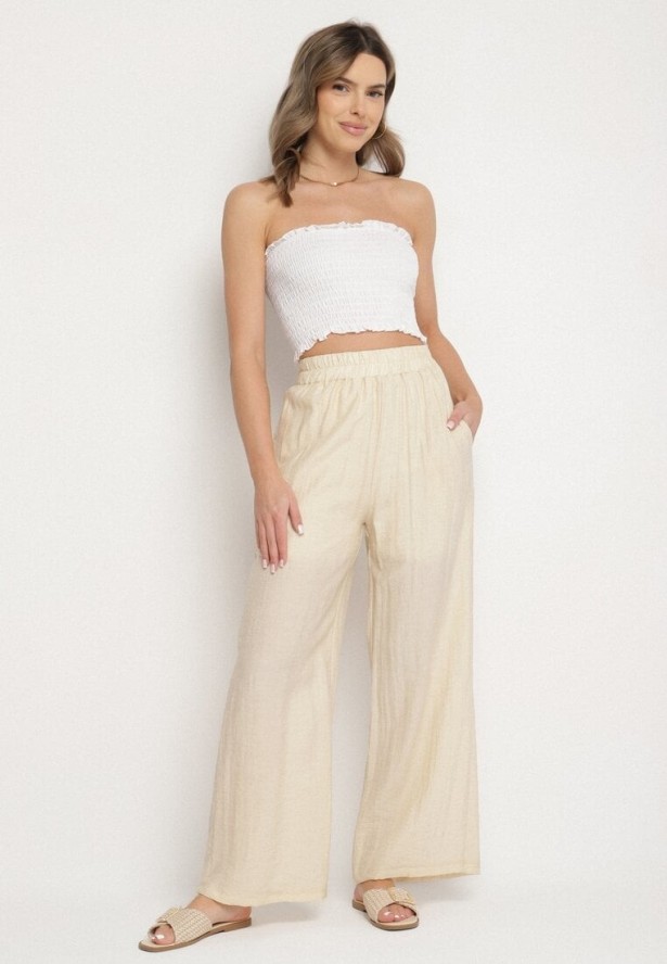 Jasnobeżowe Spodnie Palazzo z Lnu i Wiskozy z Wysokim Stanem Linawena