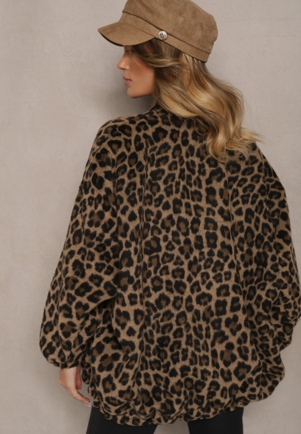 Brązowa Bluza z Lnem Oversize w Panterkę Tinnestira