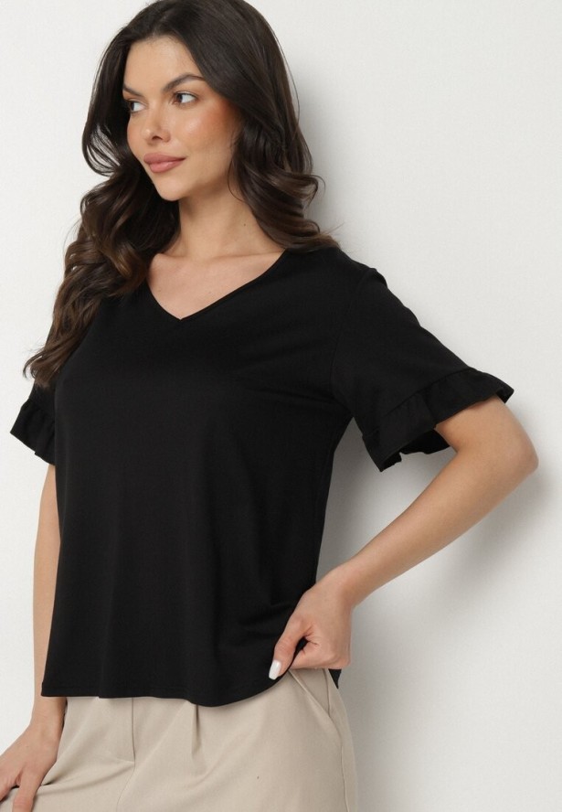 Czarna Bluzka z Dekoltem w Serek z Wiskozą Zdobiona Falbankami przy Rękawach Aliriva