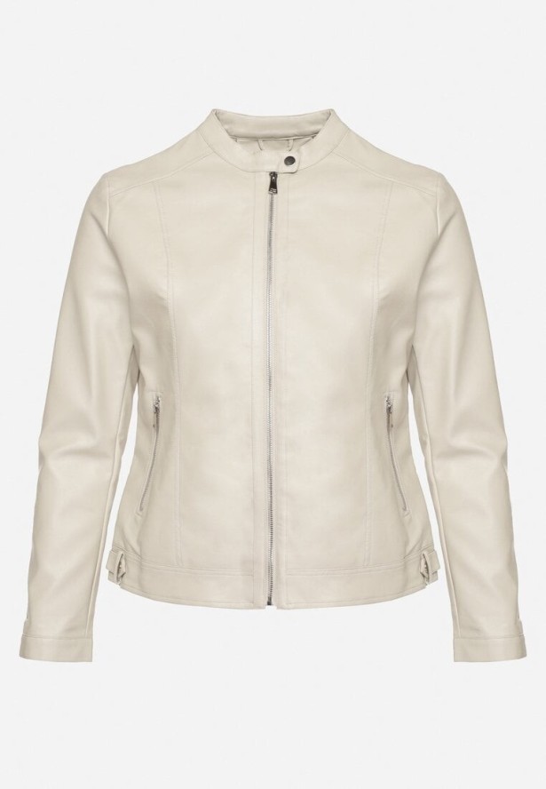 Jasnobeżowa Kurtka Ramoneska Bez Kołnierzyka z Suwakami na Rękawach Rilinne