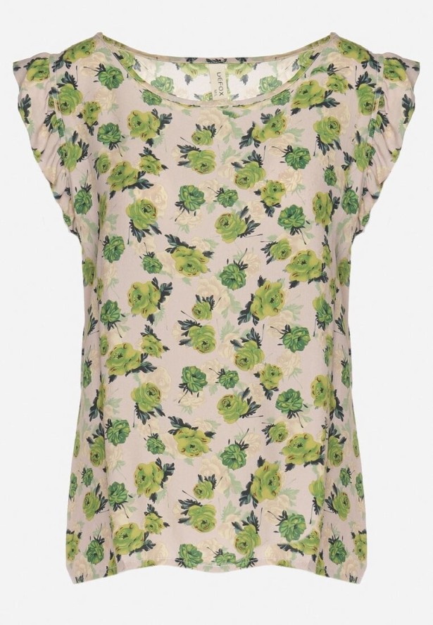 Zielono-Beżowa Bawełniana Bluzka w Kwiaty Naperia