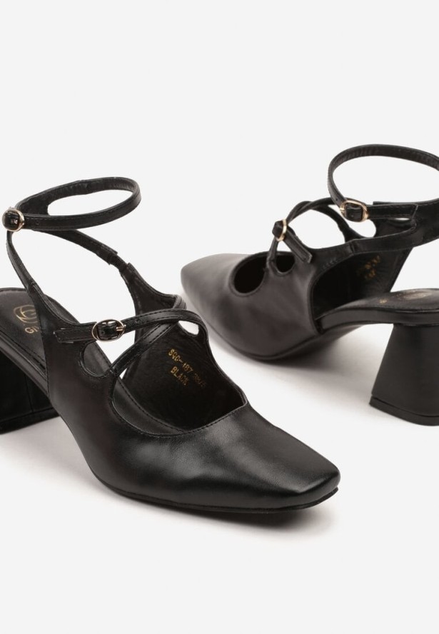 Czarne Sandały na Słupku w Stylu Mary Jane z Paseczkami Tirozia