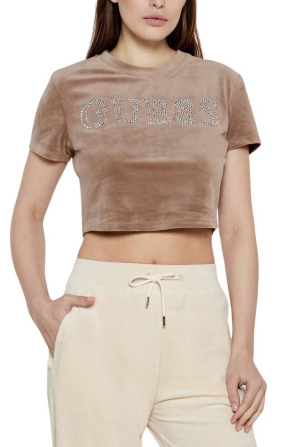 GUESS Brązowy damski top Couture Tee, Rozmiar L