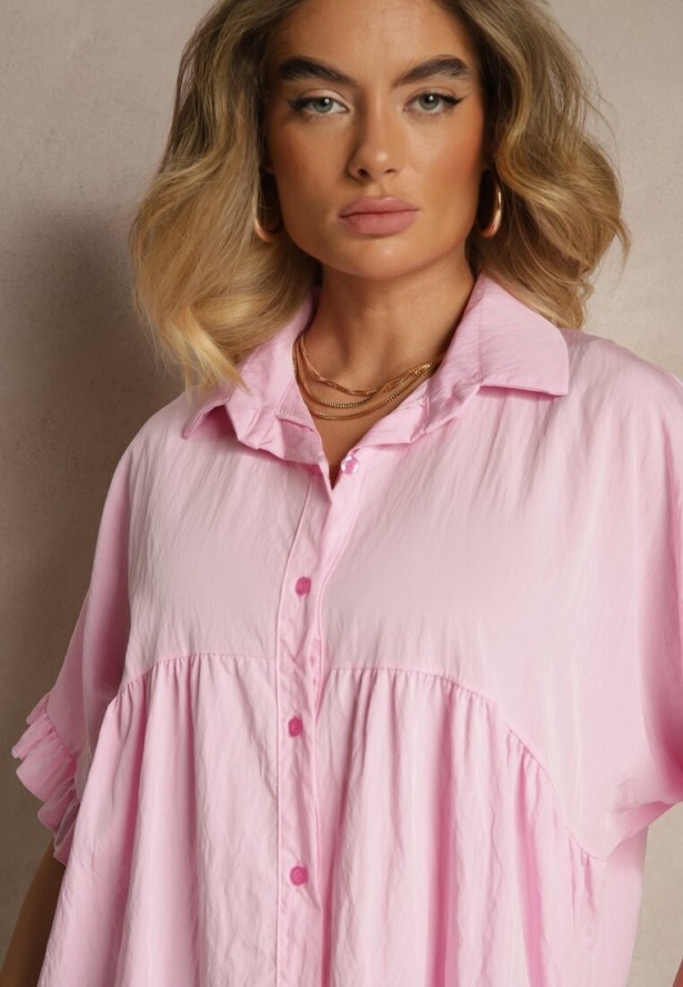 Różowa Koszula z Wiskozą Ozdobiona Falbankami Oleldi