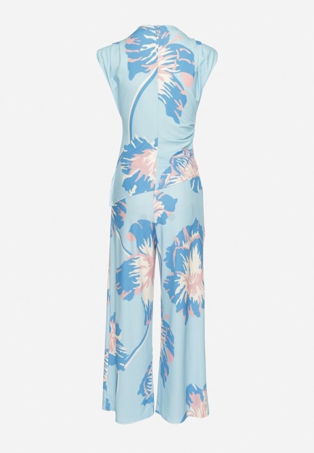 Niebieski Komplet w Kwiaty Asymetryczna Bluzka z Marszczeniem i Szerokie Spodnie Linamia