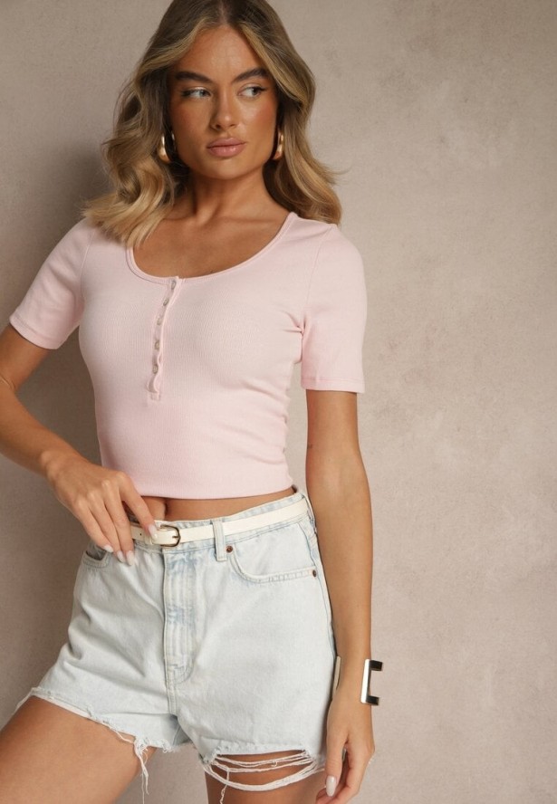 Różowy Bawełniany T-shirt Prążkowany z Guzikami Florvivi