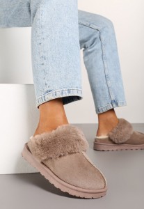 Ciemnobeżowe Wsuwane Kapcie z Imitacji Zamszu z Futrem Boreti