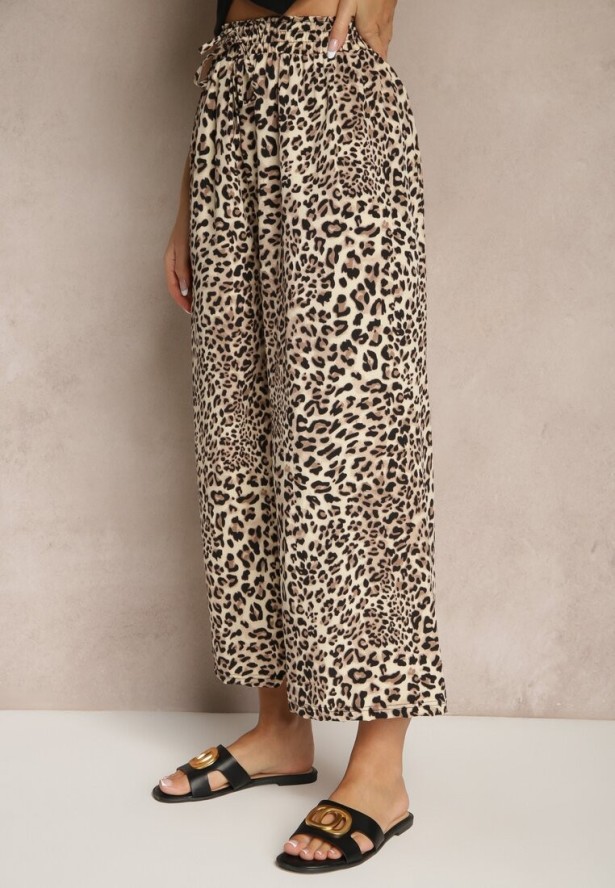 Czarno-Beżowe Spodnie Wide Leg z Gumką w Talii w Panterkowy Wzór Filanira