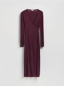 Prążkowana sukienka z wiązaniem - mahoniowy