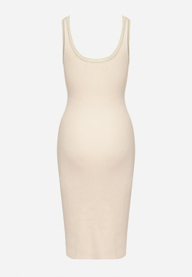 Jasnobeżowa Dopasowana Sukienka z Wiskozą na Ramiączkach z Prążkowanego Materiału Niarielle