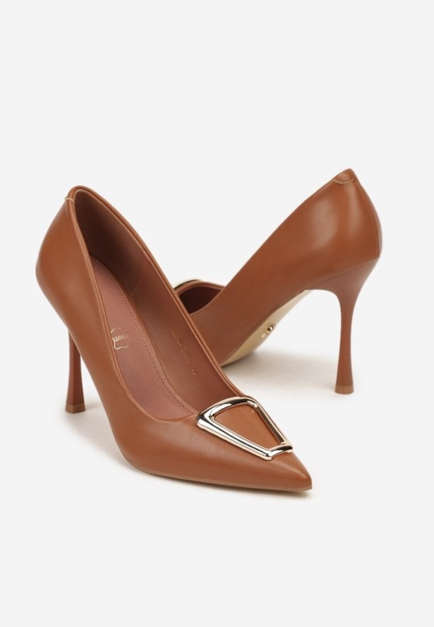 Brązowe Szpilki Vices z Wkładką ze Skóry Naturalnej Ozdobione Klamrą Miava