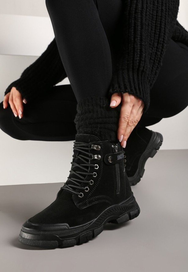 Czarne Botki Traperki na Grubej Podeszwie Beanika