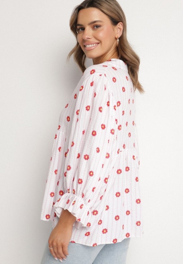 Różowo-Czerwona Bawełniana Koszula z Dekoltem w Serek w Kwiatowy Wzór Mailovelle