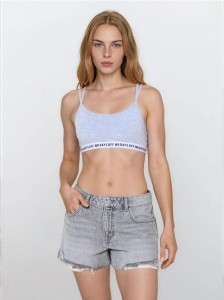 Szorty jeansowe high waist z przetarciami - szary