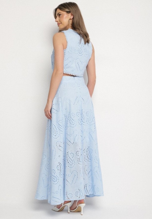 Niebieski Komplet z Ażurowej Tkaniny Zdobionej Haftem Top i Spódnica Saleria