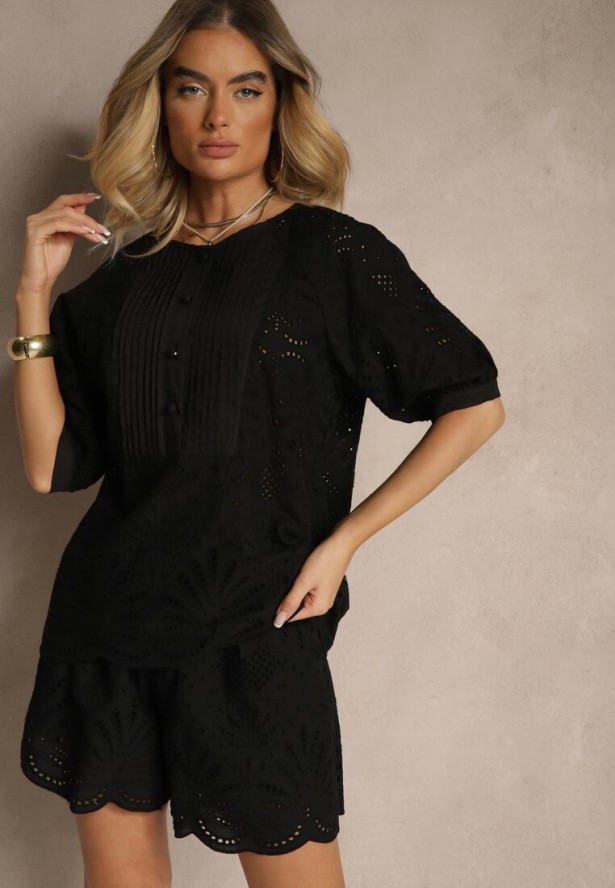 Czarny Ażurowy Komplet z Szortami i Bluzką z Wiskozy i Bawełny Haloniela