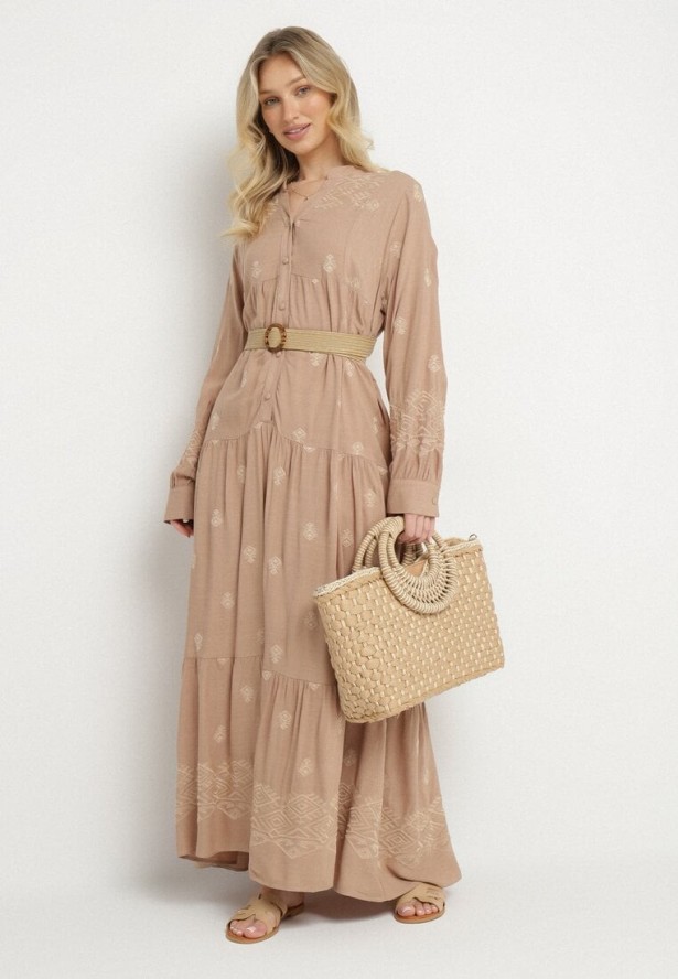 Beżowa Sukienka Rozkloszowana z Koszulową Górą z Wzorem Etno Ronitta
