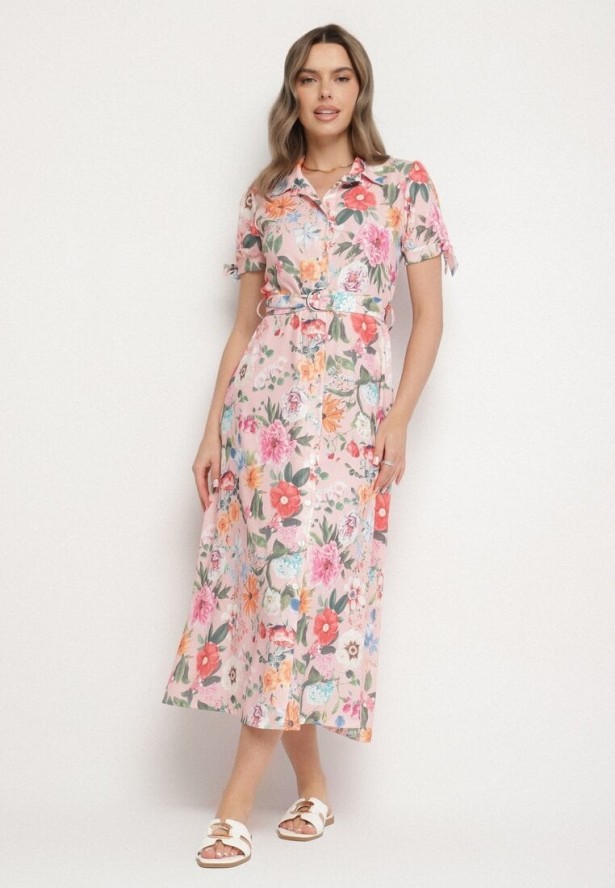 Różowa Rozkloszowana Sukienka o Koszulowym Kroju z Paskiem w Kwiatowy Wzór Fevelorine