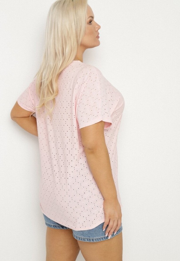 Różowy T-shirt z Bawełną i Ażurowym Wzorem Puzira