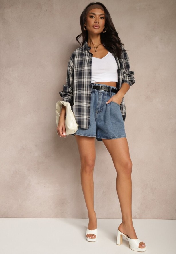 Niebieskie Szorty Jeansowe z Gumką w Talii i Paskiem Zdobione Przeszyciami Alanissa