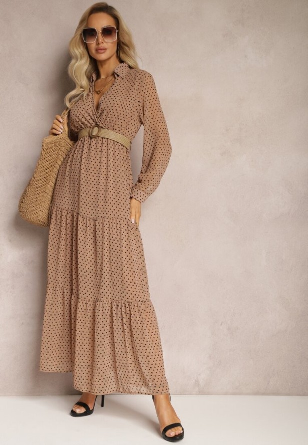 Ciemnobeżowa Sukienka Z Paskiem Erenope