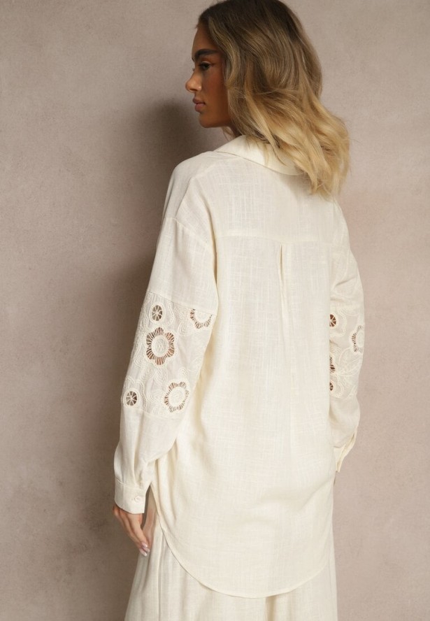 Jasnobeżowa Koszula Oversize z Lnem Zdobiona Ażurowymi Wstawkami Dannivra