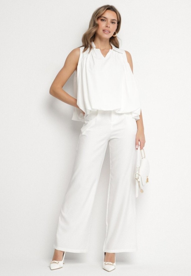 Biała Bluza Rozkloszowana Oversize z Kołnierzykiem Eridwen