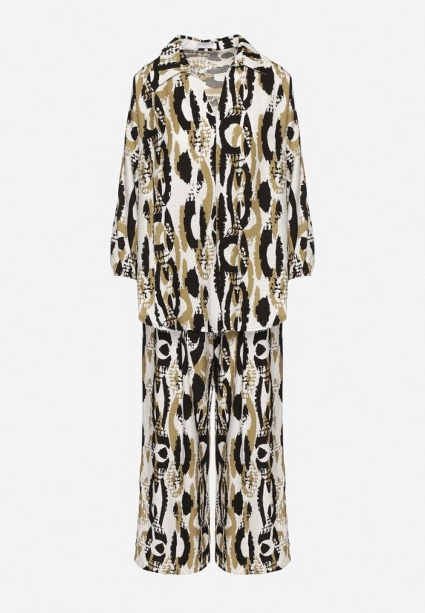 Czarno-Beżowy Komplet z Wiskozą w Abstrakcyjny Wzór Koszulowa Bluzka i Spodnie Sarivone