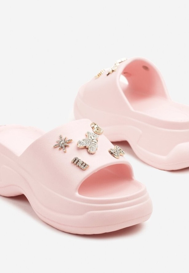 Różowe Klapki na Grubej Podeszwie z Cyrkoniami Islia